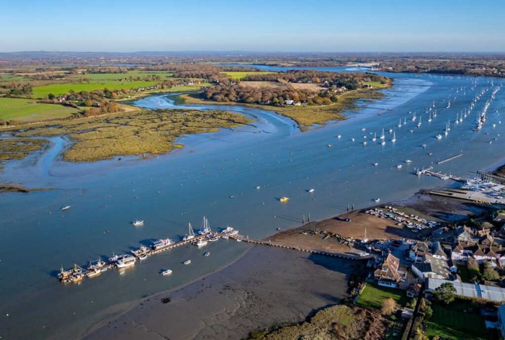 Aerial estuary marina view