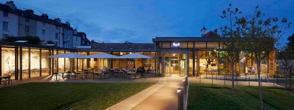 Modern waterfront restaurant exterior